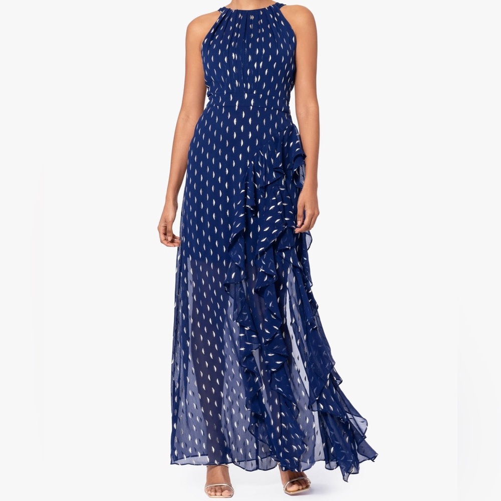 Betsy & Adam Navy and Gold Ruffle Maxi Dress
